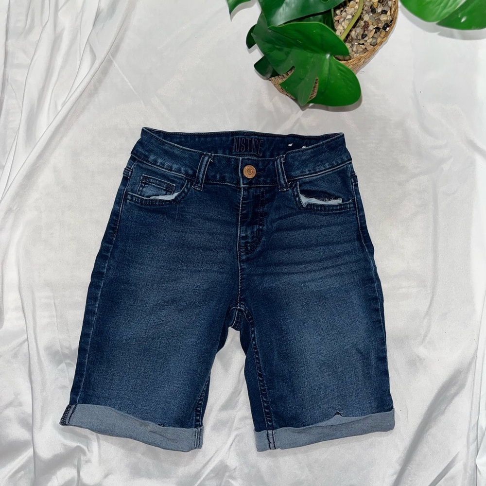 Justice Dark Blue Jean Shorts with Cuffed Hem